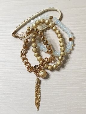 4 Gold Tone Bracelets Tassel Round Balls Faceted Moonstone Leather Rhinestones